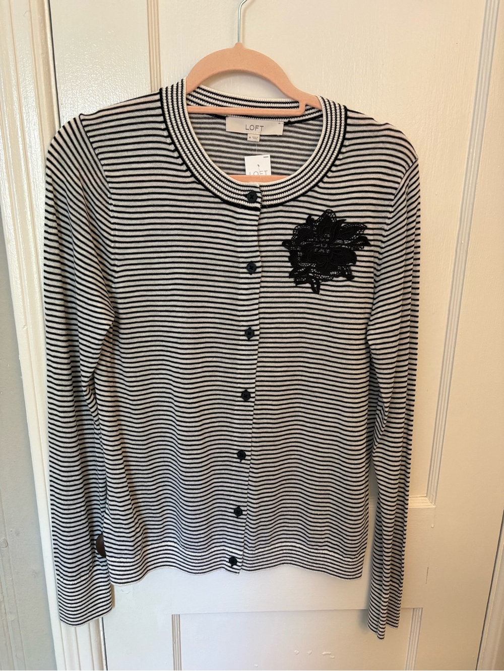 LOFT Black and White Striped Cardigan with Black Floral Applique